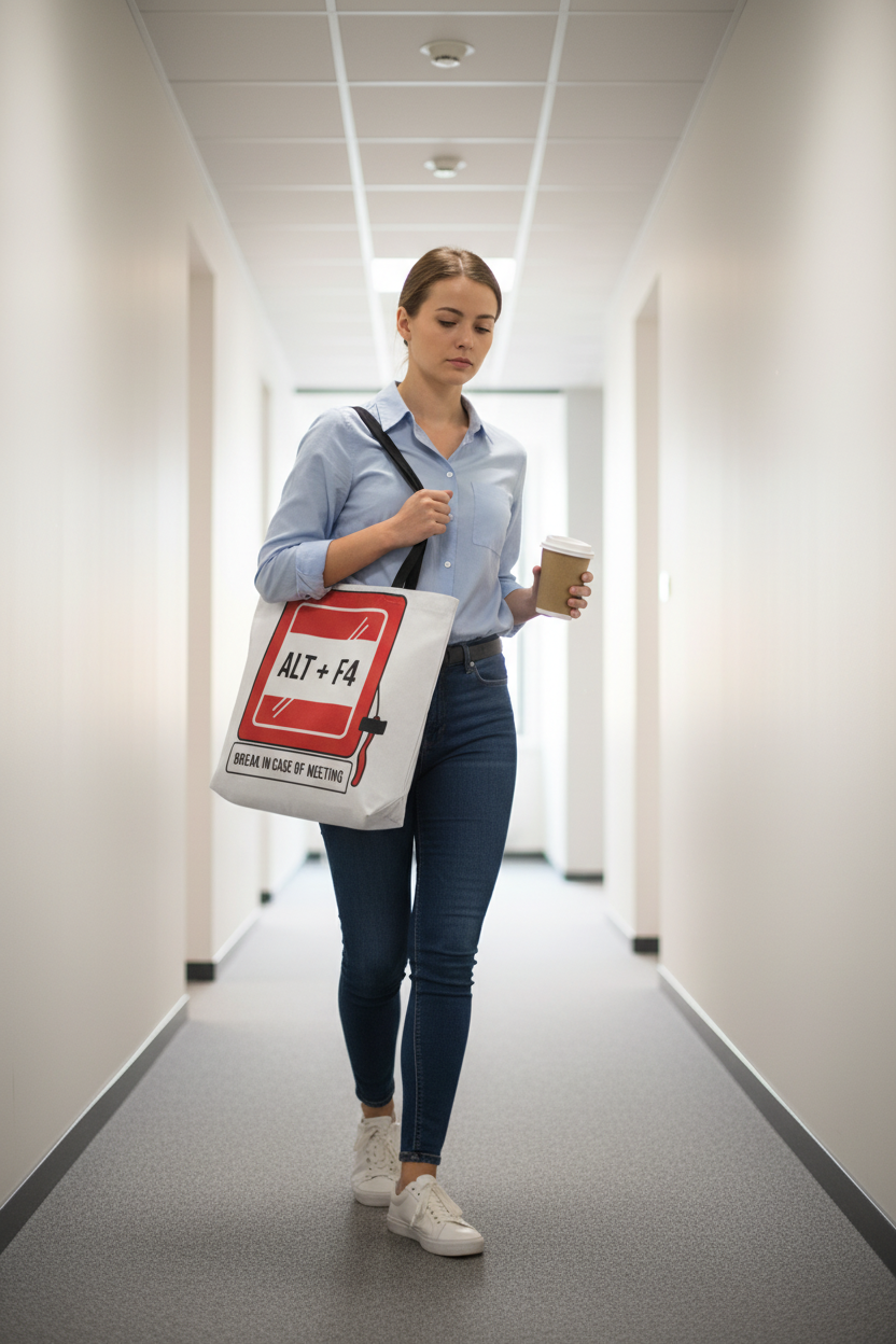 Mockup tote bag chica oficina sin ventanal