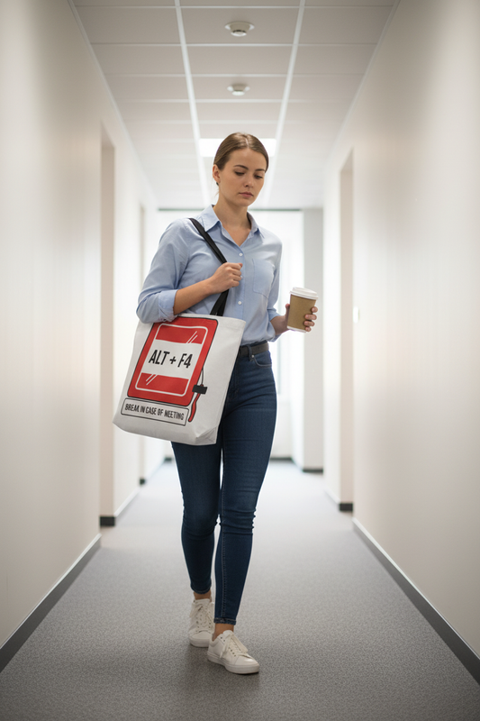Mockup tote bag chica oficina sin ventanal